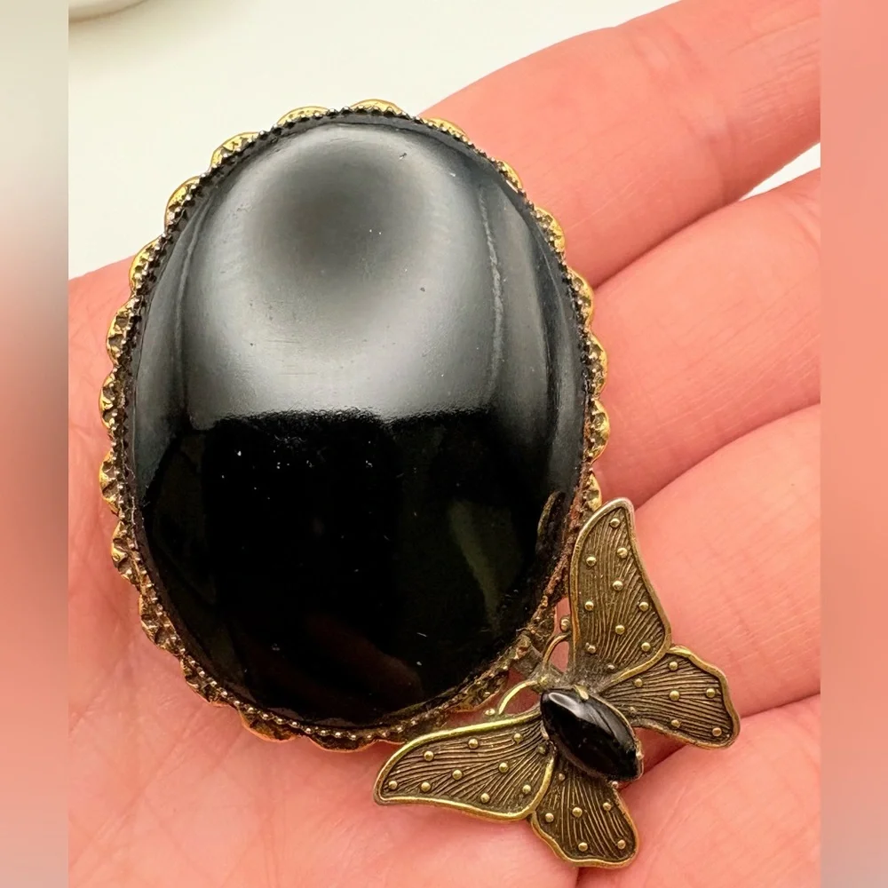 Vintage Original by Robert Black Glass Butterfly Brooch Pendant - Picture 3 of 8